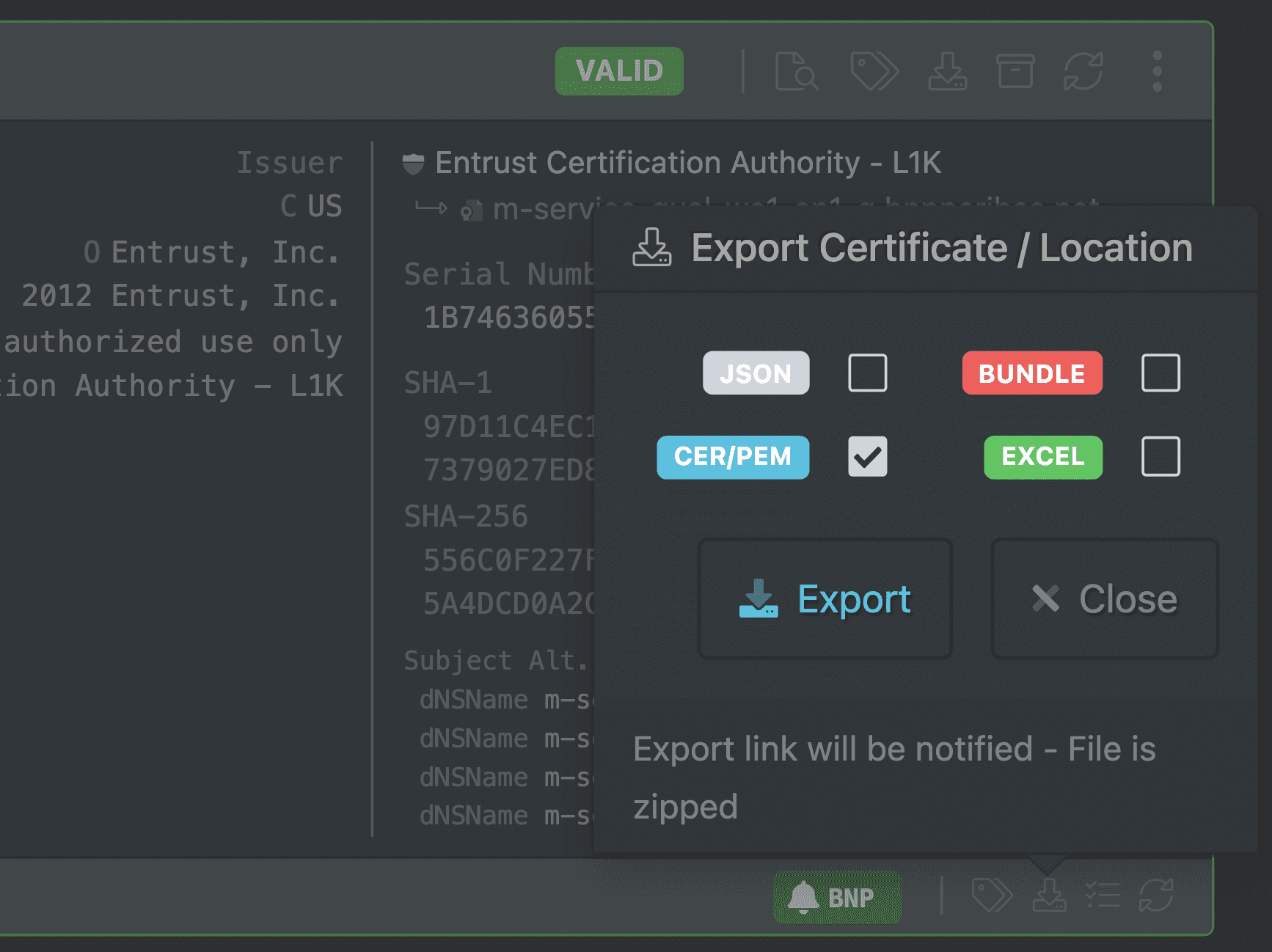 Certificate export options